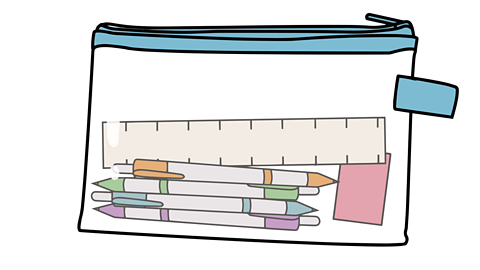 A clear plastic pencil case with a blue zip. Pens, a ruler and an eraser visible inside.