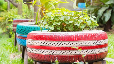 Colourful plant pots made from old tyres