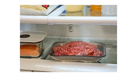 A glass container with a piece of salmon inside, next to a packet of mince, both on the bottom shelf of a fridge