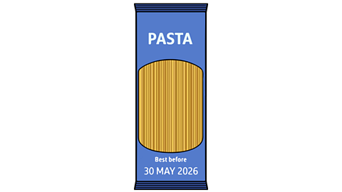 A packet of pasta with a label that reads 'PASTA'. It also has a best-before date of '30 MAY 2026'.