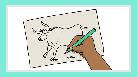 An illustration of a hand which is doing a line drawing of a bull. 