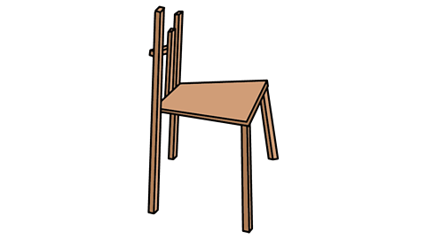 A crooked chair with three uneven planks for a backrest.