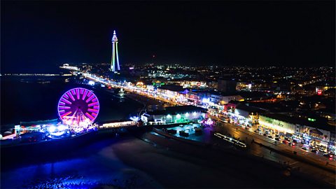 An zoomed out image of the Blackpool illuminations at night