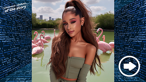 An AI generated image of Ariana Grande with flamingos behind her