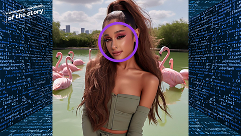 An AI generated image of Ariana Grande with flamingos behind her, and a circle around her face