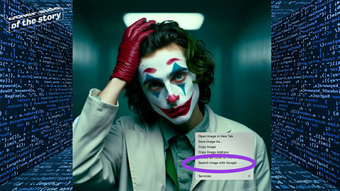 An AI generated image of Timothee Chalamet as the Joker, with a reverse image search bar in front of him