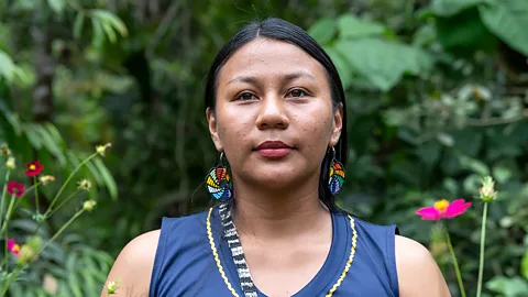 Leila Cerda, an Ecuadorian environmental defender, looking straight ahead (Credit: Ana Maria Buitron)