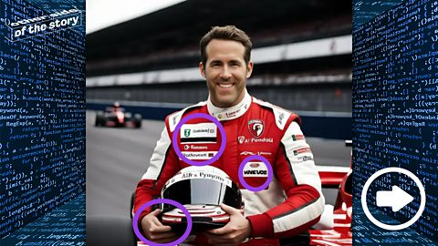 An AI generated image of Ryan Reynolds. A purple circle is highlighting AI elements.