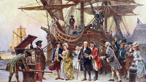 Artist's depiction of Ben Franklin and boat