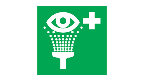 Green square containing diagram of an eye being showered from below and a white cross