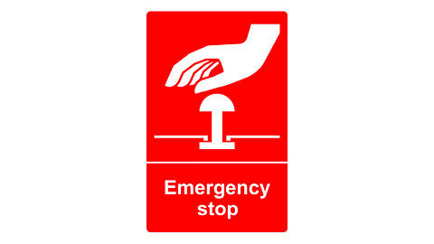 Red containing hand above an emergency stop button
