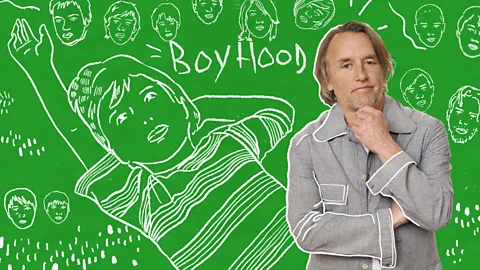 Richard Linklater against Boyhood movie art (Credit: Emmanuel Lafont)
