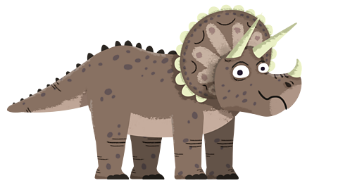 Image of a triceratops which is grey and has white horns. 