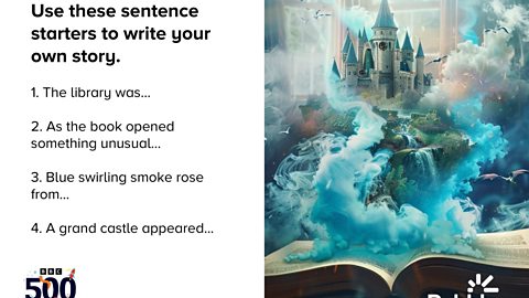 Word prompts next to an image of a castle being magically summed out of a book.