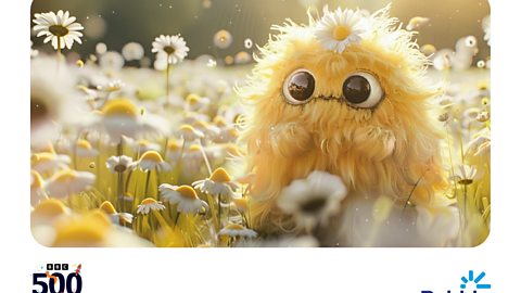 A computer generated image of a small fluffy creature, in a field of daisies.