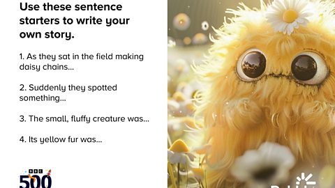 Suggested sentence starters next to a fluffy creature in a field of daisies.