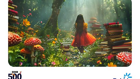 Image depicts a young girl wandering in a forest that contains lots of books. 