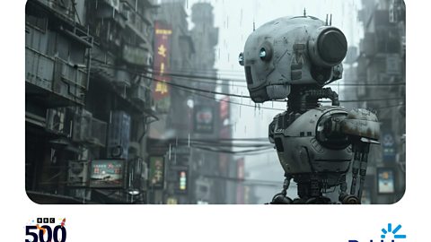 A robot looks lost in a futuristic city. 