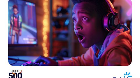 Image shows a young child playing a video game, with a shocked face.