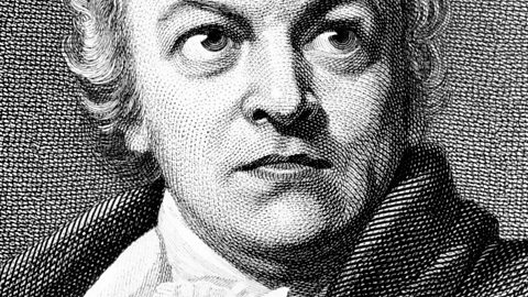 A black and white portrait of William Blake wearing a ruffled shirt and jacket.