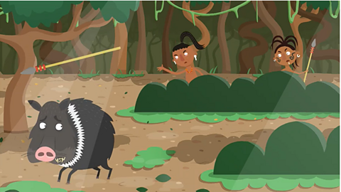 Image showing Jade's dad and another man throwing an arrow at a pig in the jungle. 