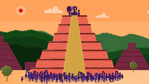 Animated image of a Maya pyramid with people at the bottom standing around and the priests at the top. 