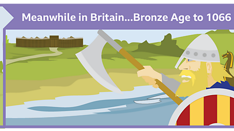 Image shows comparison between Maya Civilization and Britain. During the Maya Civilization, Britain was going through the Bronze Age to 1066. The Maya section has a picture of a pyramid temple and Britain shows the Vikings on a boat. 