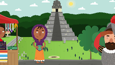 Animated image of Maya woman and girl and a Spanish conquistador  