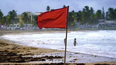 A red flag on a beach, photographed duirng stormy weather in Puerto Rico caused by Hurricane Ernesto (Credit: Getty Images)