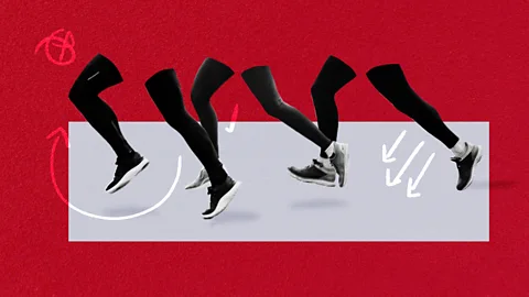 Art of top-view of athletes racing in mid stride with arms out, against a red background with gray rectangles and squares (Credit: Serenity Strull/ BBC/ Getty Images)