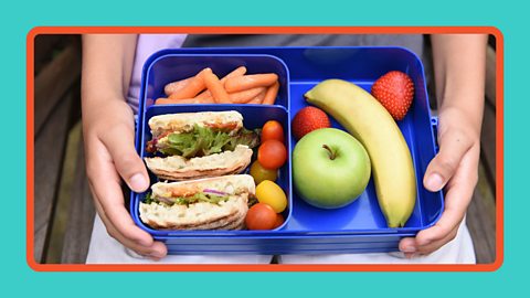 A lunchbox open with fruit, vegetables and a sandwich.