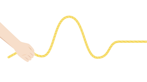 A hand quickly moved down to produce a sine wave shape in the rope.