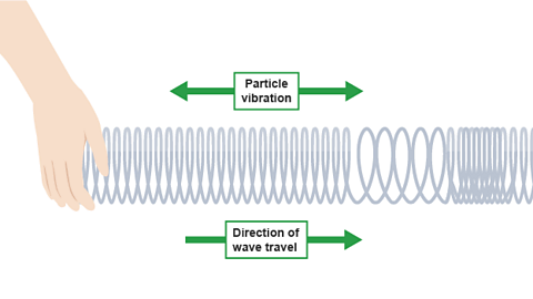 The compressed and stretched areas in the spring travel along its length. The wave travels from left to right, and the particles of the spring vibrate horizontally.