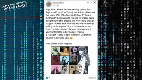 An image of a Facebook post where someone is trying to sell Taylor Swift tickets