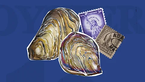 An illustration of Oysters with two New York City stamps in front of a plain blue background (Credit: Serenity Strull/ BBC)