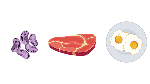 Some beans, a slice of meat and two fried eggs