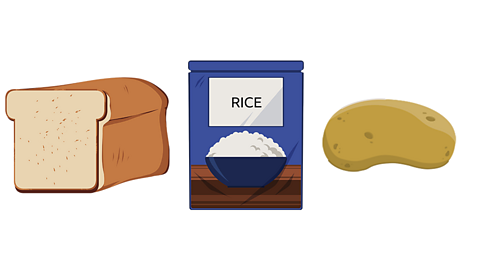 A loaf of bread, a packet of rice and a potato