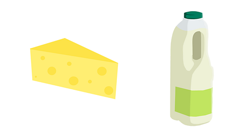 A slab of cheese and a bottle of milk