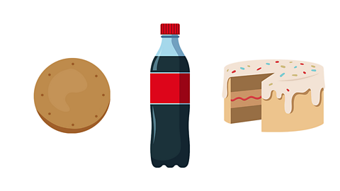 A biscuit, a fizzy cola bottle and a cake