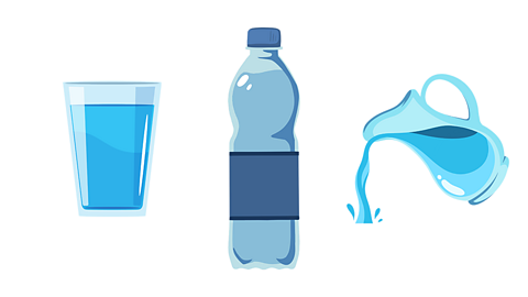 A glass of water, a bottle of water and a jug of water