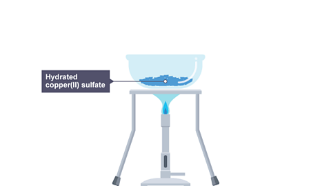 A Bunsen burner heats an evaporating basin containing hydrated copper(II) sulfate.