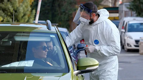 A medical worker testing for whooping cough in Croatia in 2023 (Credit: Getty Images)