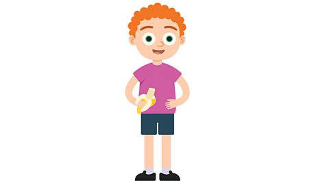 Fred who has curly ginger hair wearing a purple T-shirt and black shorts. He is holding a banana with a big bite taken out of it. 