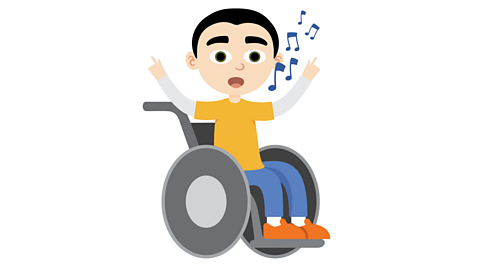John who is a wheelchair user is waving his arms and singing. Musical notes are floating from his mouth.