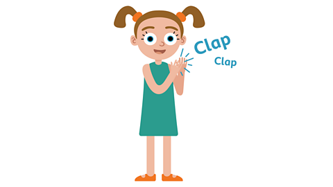 Sally who has brown hair tied up in bunches and wearing a green dress is clapping.