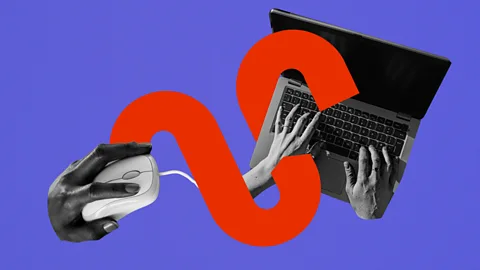 A hand using a computer mouse and two hands typing on a laptop with a thick red line linking the two, with a purple background (Credit: Serenity Strull/ BBC)