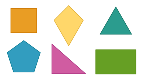 Five 2D shapes in different colours: a yellow square at the top left, a light yellow diamond in the centre, a green triangle at the top right, a blue pentagon at the bottom left, a pink right triangle at the bottom centre, and a green rectangle at the bottom right.