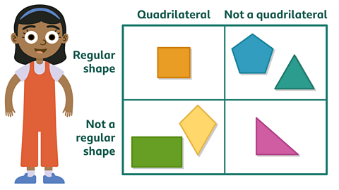 A girl called Omi standing next to a grid showing shapes. The grid has two rows labelled 'Regular shape' and 'Not a regular shape,' and two columns labelled 'Quadrilateral' and 'Not a quadrilateral.' In the 'Regular shape' and 'Quadrilateral' category is a square. In the 'Regular shape' and 'Not a quadrilateral' category are a pentagon and a triangle. In the 'Not a regular shape' and 'Quadrilateral' category are a rectangle and a diamond. In the 'Not a regular shape' and 'Not a quadrilateral' category is a right triangle.