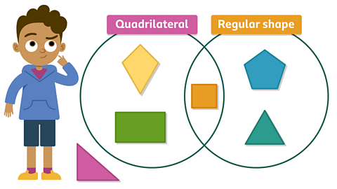 A boy called Arthur standing next to a Venn diagram of 2 circles overlapping and showing shapes. The first circle is labelled Quadrilateral, and the second circle is labelled 'Regular shape'. In the first circle is a diamond and rectangle category are a pentagon and a triangle. In the overlap section is a square and the second circle a pentagon and a triangle. Outside the perimeter of the first circle is a right-angled triangle.