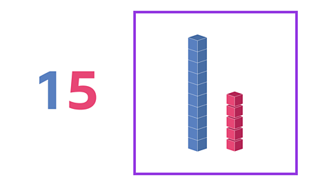 The number 15. The first digit is blue, the second digit is red. To the right there is a square containing 10 blue blocks and 5 red block. 